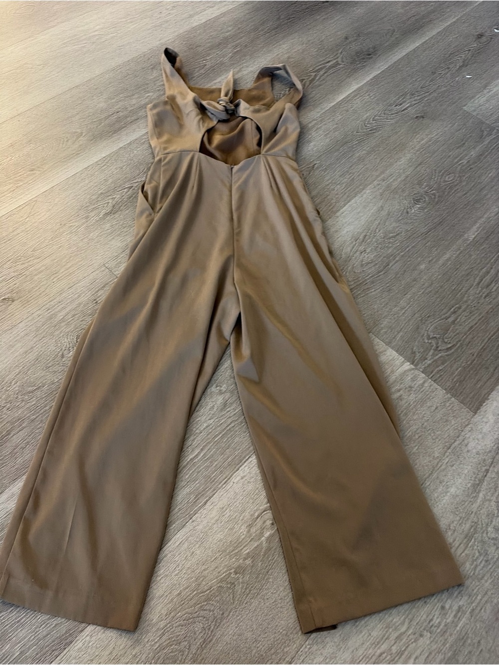 Dynamite Wide-Leg Tie-Shoulder Jumpsuit — Taupe